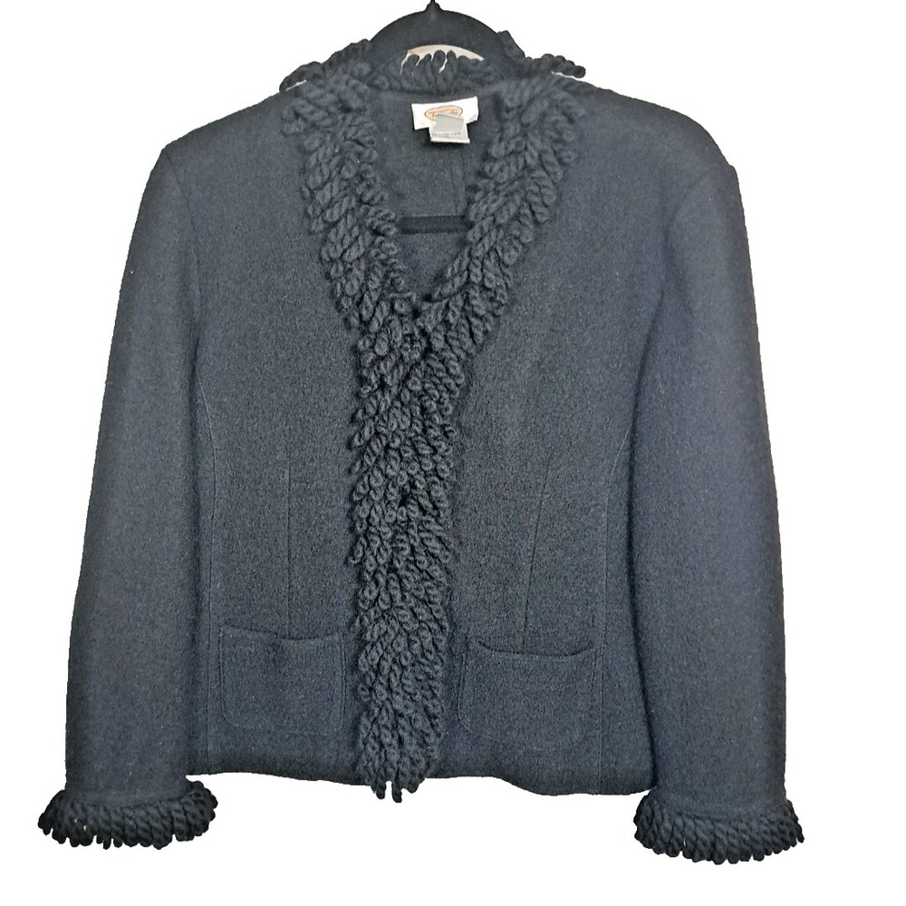 Talbots Jacket‎  Blazer Size Small Black Boiled Wool Fringe Trim Vintage Pockets